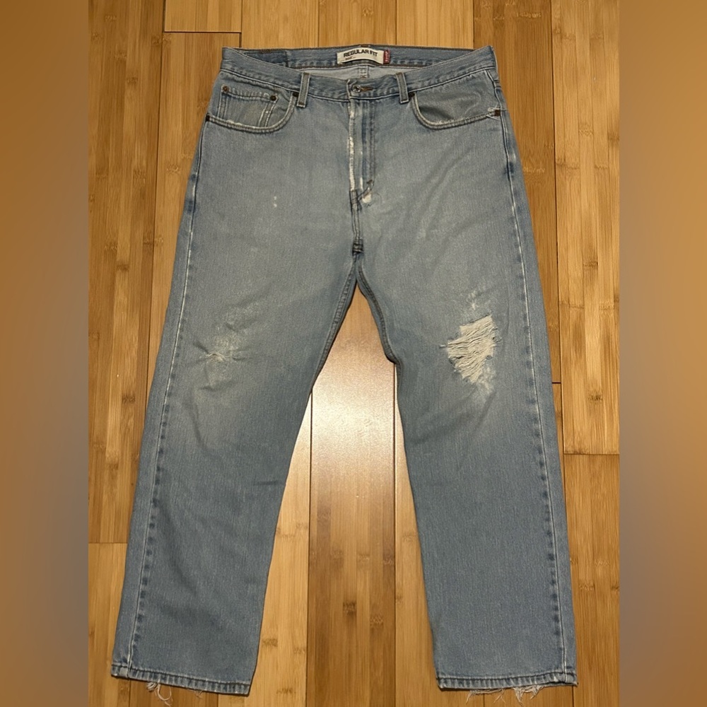 Levis 505 Regular Fit Distressed Blue Wash Jeans